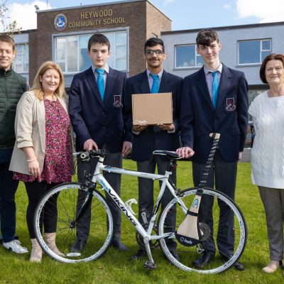 Hurlr from Heywood CS, Daniel Aylward, Donil Mathew and Evan Farrell with business teachers Paul Broderick, Olivia O’Connor and Patricia Brennan.
Picture: Alf Harvey.